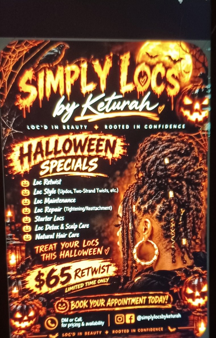 Simply LOCS by Keturah Halloween Specials flyer listing her loc services and the $65 retwist special